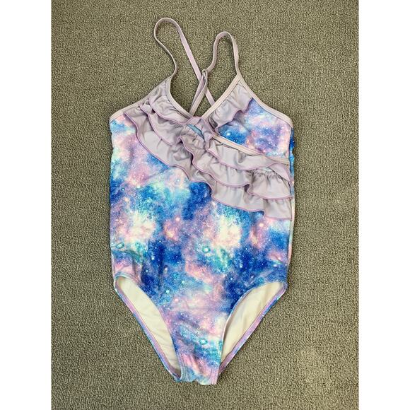Girls One Piece Swimsuit Blue Purple Galaxy Print Ruffle Adjustable Straps Large - Picture 1 of 7